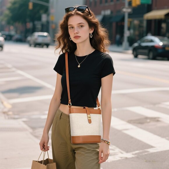 Brown trendy vegan leather small crossbody bucket bag with adjustable strap and - Picture 6 of 6